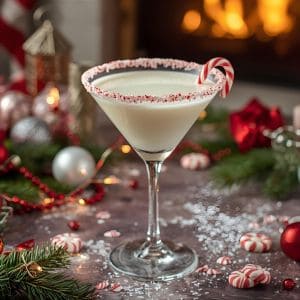 Holiday candy cane martini cocktail with crushed peppermint rim