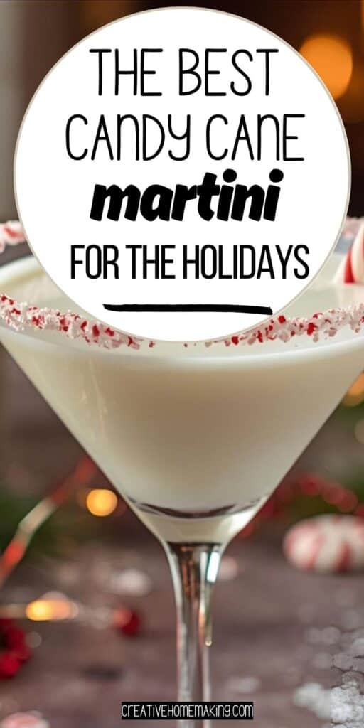 Christmas martini with candy cane garnish and holiday lights