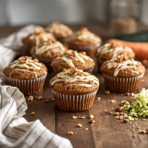 These moist and fluffy carrot cake zucchini muffins are the perfect blend of sweet spice and veggie goodness. Topped with cream cheese frosting and walnuts — a healthy-ish treat everyone will love!