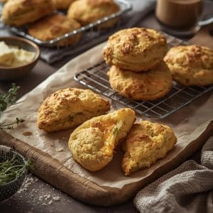 Golden cheese scones on a rustic fall table