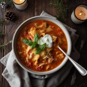 Bowl of chicken lasagna soup with noodles, chicken, and cheese on a fall-themed table.
