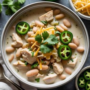 Rustic soup bowls filled with different types of chicken soup on a wooden table with fall leaves and winter greenery.