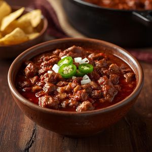 Rustic pot of chili served with cornbread, fall food idea
