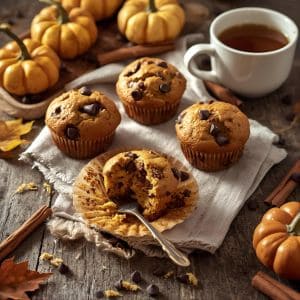 Close-up of soft muffins with visible chocolate chips and grated zucchini.