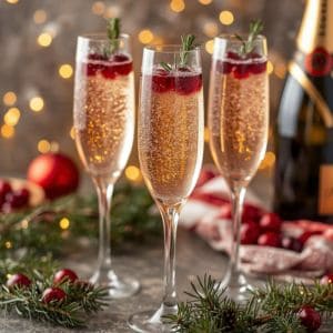 Cranberry mimosas garnished with rosemary and fresh cranberries