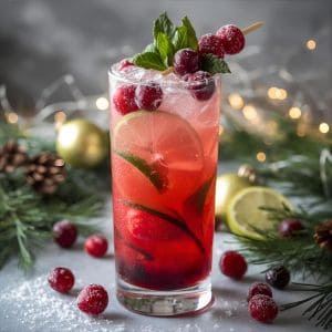 Glass of cranberry mojito with mint and cranberries on holiday table