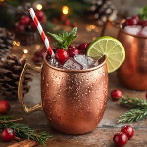 Glass of cranberry Moscow mule garnished with lime and fresh cranberries
