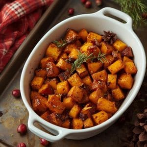 Bowl of creamy butternut squash soup surrounded by holiday table decor.