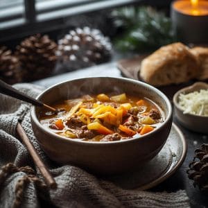 Assortment of colorful fall and winter soups in bowls on a rustic wooden table.