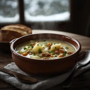 Bowl of creamy ham and potato soup with fresh herbs