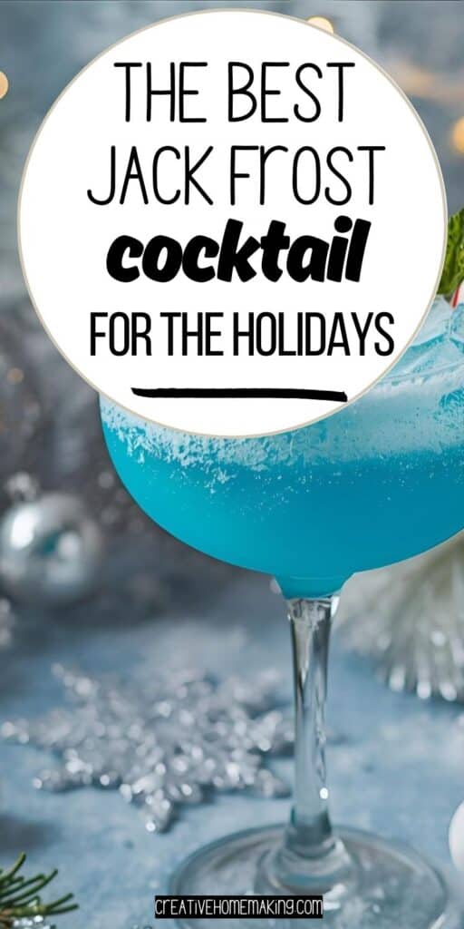 Frosty Jack Frost cocktail with coconut rim and blue tropical drink in holiday glass