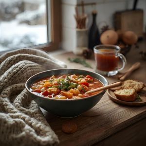 A steaming bowl of homemade minestrone soup with vegetables, beans, and pasta on a rustic table.