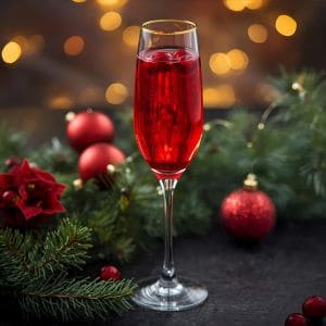 Sparkling poinsettia cocktail with cranberry and champagne for Christmas celebrations