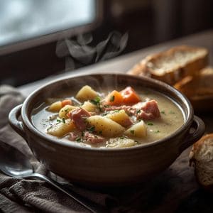 Collage of different creamy potato soups in bowls