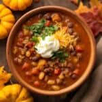 Bowl of pumpkin chili with beans and cubed pumpkin for fall food