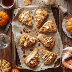 Freshly baked pumpkin scones on a rustic fall table