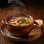 Bowl of creamy Reuben soup with rye croutons on top