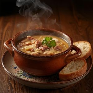 Bowl of creamy Reuben soup with rye croutons on top