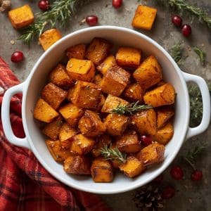 Golden roasted butternut squash cubes on a white holiday serving dish with herbs.