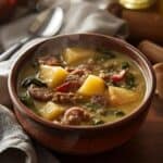 Bowl of creamy sausage potato soup with kale and Parmesan