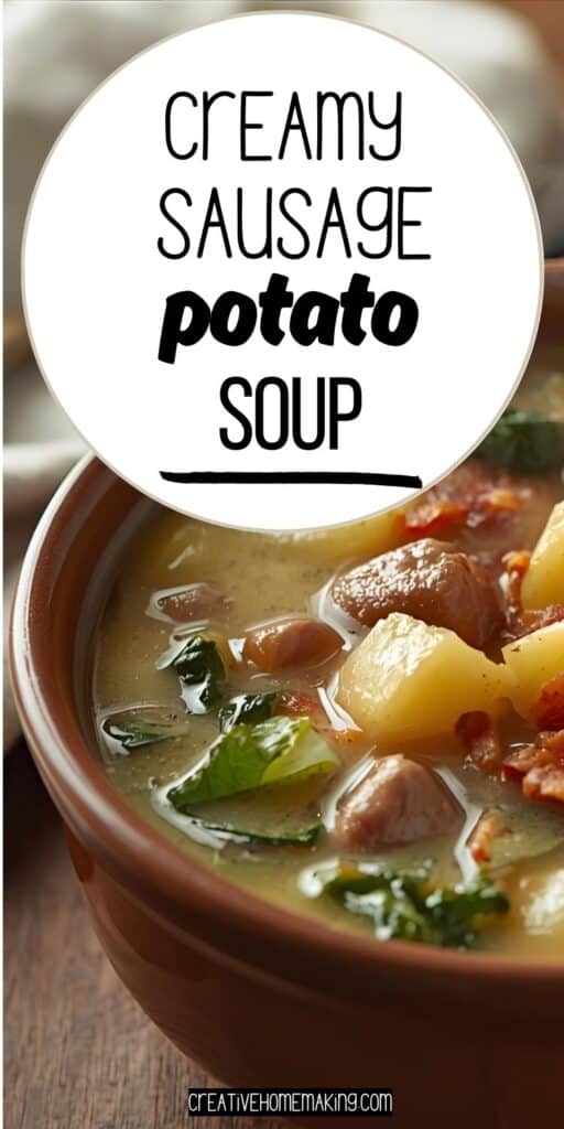 Rustic soup pot filled with sausage, potatoes, and greens