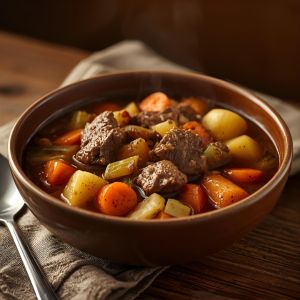 Bowl of slow cooker beef stew with tender beef, carrots, and potatoes, perfect for a cozy fall dinner.