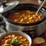 Bowl of hearty slow cooker chicken stew with vegetables