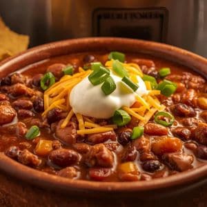 Bowl of hearty slow cooker chili topped with cheese and sour cream