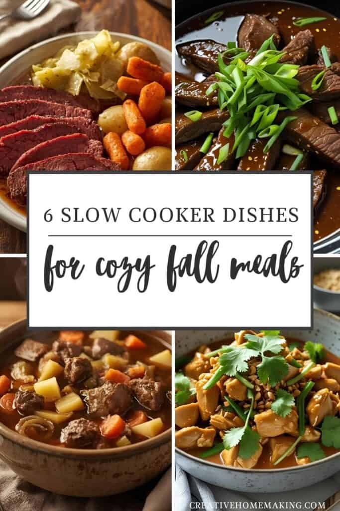 Warm bowls of stew, chili, and soup made in a slow cooker