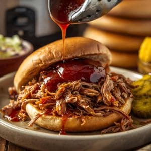 Tender pulled pork in a slow cooker with cozy fall vibes