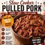Make tender, juicy slow cooker pulled pork for BBQ’s, picnics, Memorial Day, Fourth of July, Labor Day, family reunions, potlucks, and weekend cookouts. Perfect for sandwiches, sliders, tacos, and easy summer dinners.