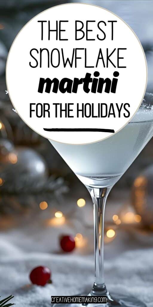 Snowflake martini with white frosted rim and winter garnish in a martini glass
