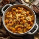 Baked butternut squash mac and cheese in a rustic dish topped with herbs.
