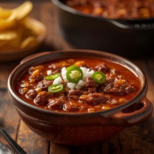 Bowl of authentic Texas chili made with beef and dried chiles