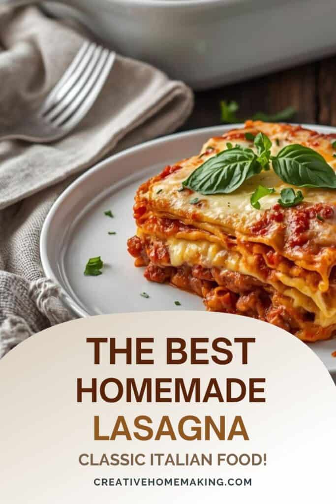 Traditional Italian lasagna served on a white plate with fresh basil garnish