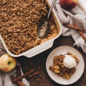 Homemade apple crisp topped with golden oat crumble