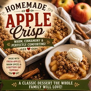This homemade apple crisp is the ultimate cozy fall dessert! Fresh apples are baked with warm cinnamon and brown sugar, then topped with a buttery, crispy oat topping. Serve it warm with vanilla ice cream for an easy fall recipe the whole family will love.