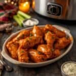 Buffalo wings in a crockpot surrounded by sauce and herbs