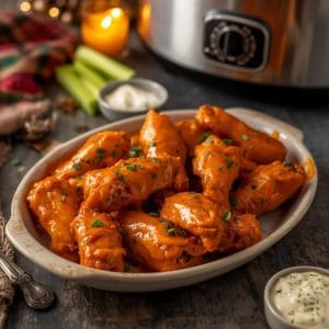Buffalo wings in a crockpot surrounded by sauce and herbs