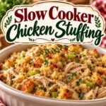 Make room on your Thanksgiving menu for this homemade slow cooker chicken stuffing! Made from scratch with bread cubes, celery, onion, butter, chicken broth, herbs, and tender cooked chicken. An easy Thanksgiving side dish that frees up valuable oven space.