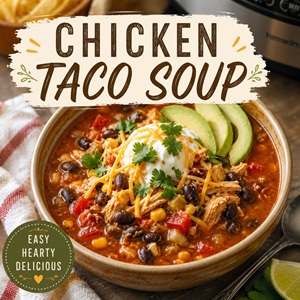 Warm up with this hearty chicken taco soup loaded with Tex-Mex flavor and your favorite toppings like avocado, cheese, and sour cream. Perfect for cozy soups, easy family dinners, meal prep, and anyone who loves flavorful Mexican-inspired comfort food.