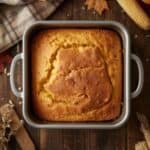 Golden homemade cornbread sliced in a cast-iron skillet with butter on top