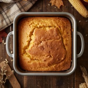 Golden homemade cornbread sliced in a cast-iron skillet with butter on top