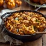 Golden baked cornbread stuffing in a casserole dish topped with herbs