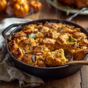 Golden baked cornbread stuffing in a casserole dish topped with herbs
