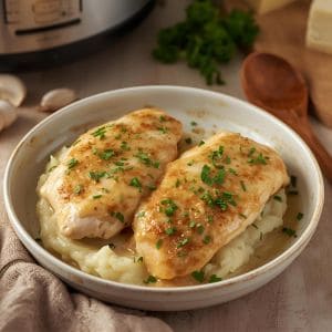Slow cooker chicken in creamy garlic parmesan sauce
