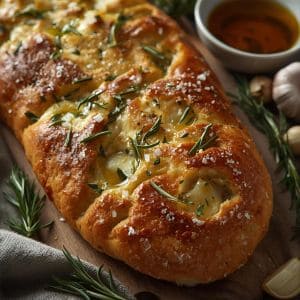 Homemade garlic rosemary focaccia bread with olive oil and sea salt