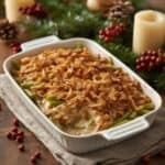 Family-style green bean casserole with crispy onions served in a large baking dish surrounded by Thanksgiving dishes.
