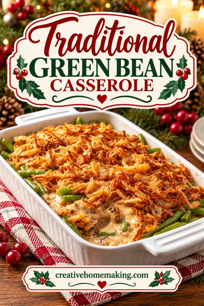 Looking for an easy green bean casserole recipe? This traditional version combines tender green beans with a creamy sauce and a golden, crispy fried onion topping. It's the perfect side dish for Thanksgiving dinner, Christmas dinner, or any holiday gathering. Save this classic comfort food recipe for your next family meal!