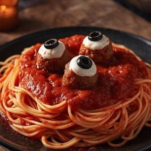 Spaghetti covered in red sauce with eyeball meatballs, a spooky Halloween food idea.